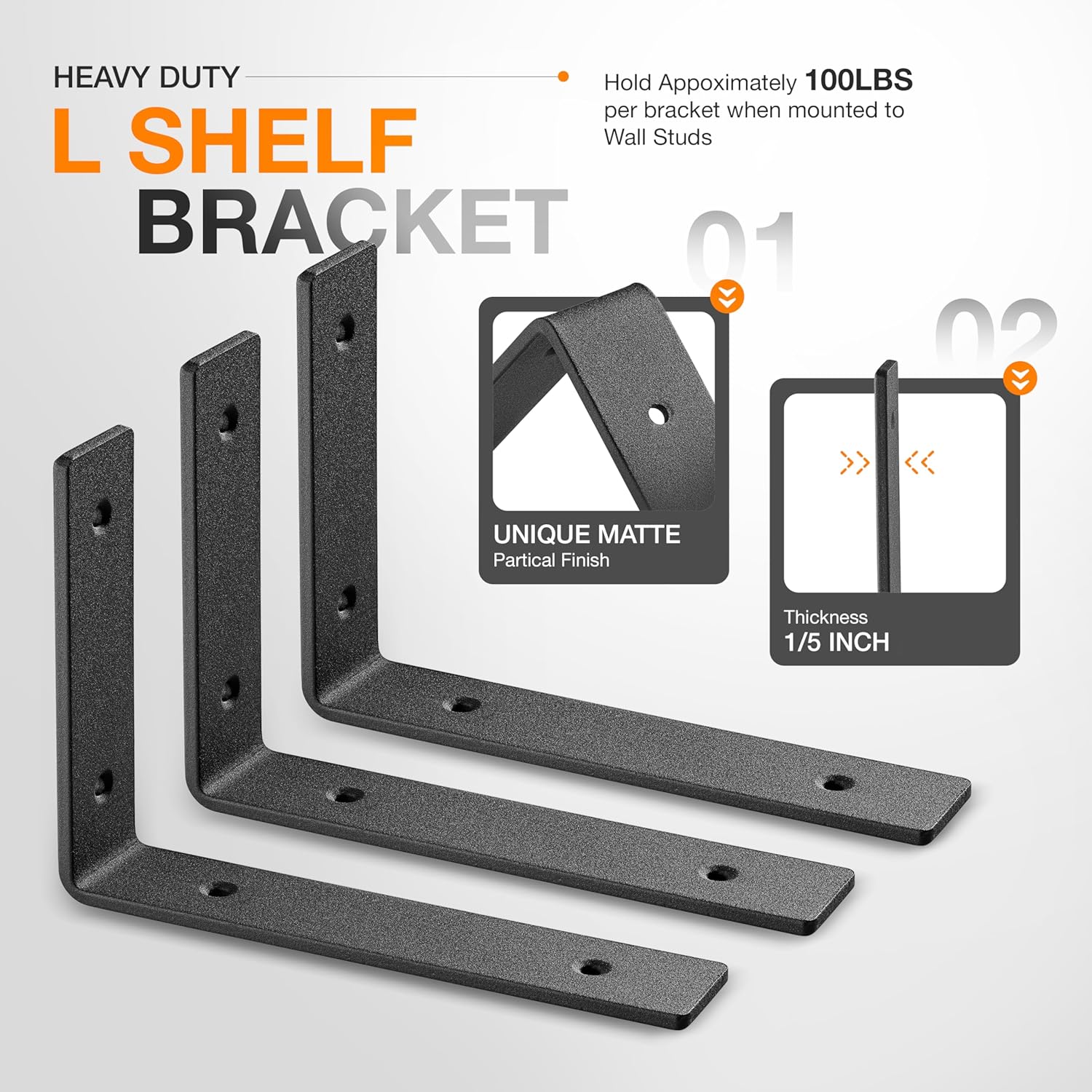 BATODA Pack 6 - 8''L Heavy Duty Shelf Brackets - L Shelf Brackets Black - Hook Brackets for Floating Shelves - Wall Mounted Support for DIY Open Shelving – Shelving Mounting Hardware Included